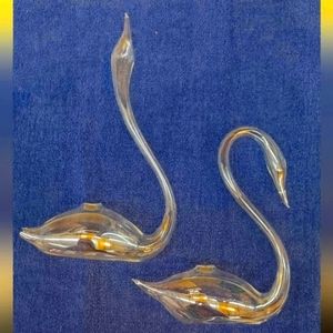 Pair of Vintage Swan Hand Blown Glass Oil Lamps